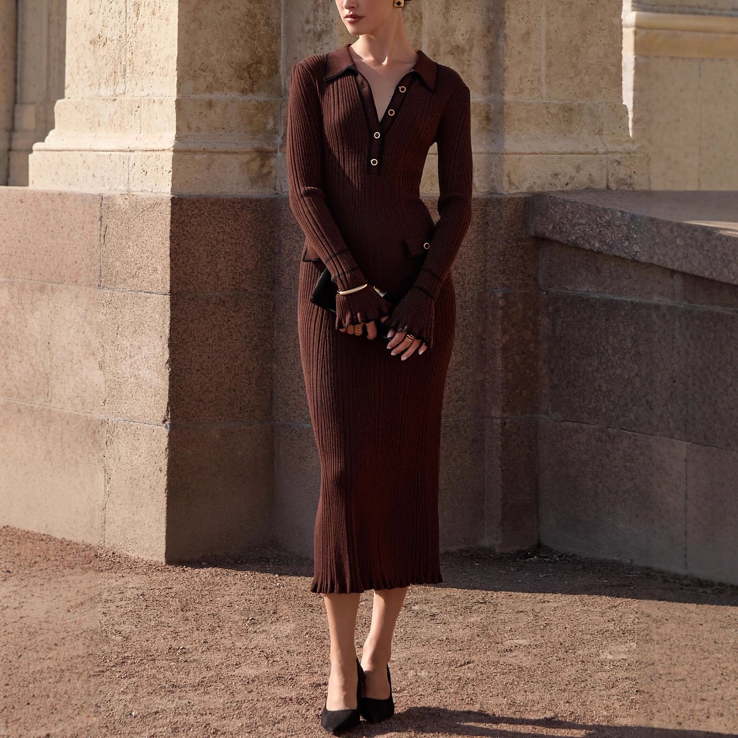 Robe courte en maille contrastée style français pour femme.